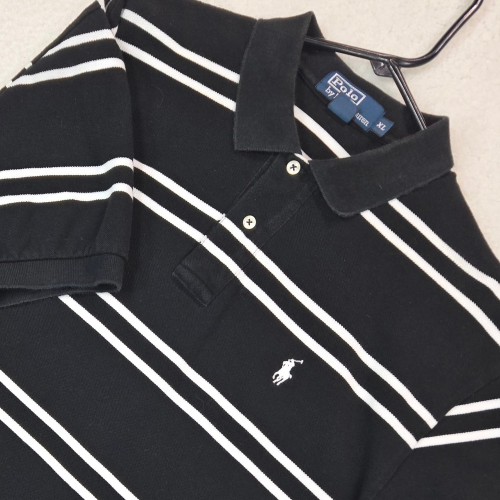 Polo Ralph Lauren Shirt XL Black White Striped Cotton Pique Polo Short Sleeve